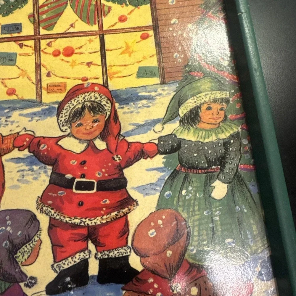 Vintage Christmas Serving Tray Decor Green Wood Children Dancing‎ Illustration